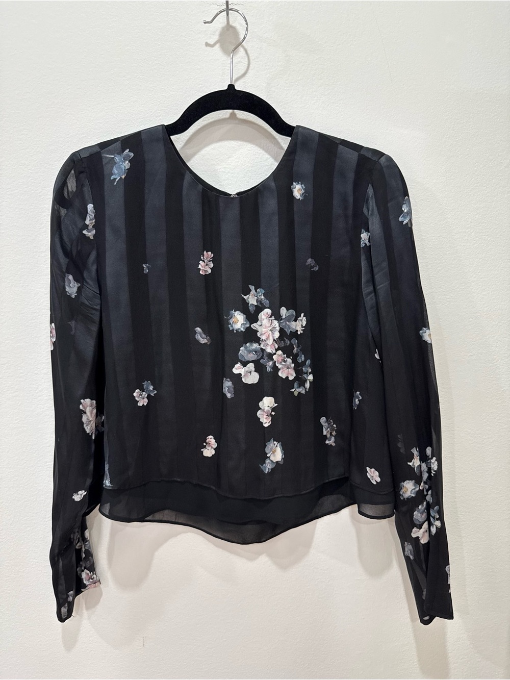 Club Monaco Silk Black Floral Long-Sleeve Blouse with Pink Accents